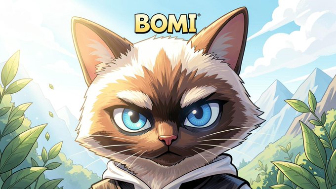 An anime-style illustration of a brown and white cat with large blue eyes wearing a hooded garment, with the text 'BOMI' above and a mountain landscape in the background.