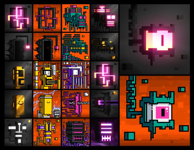 A grid of pixel art video game sprites featuring robotic and technological characters in various colors against orange and gray backgrounds.