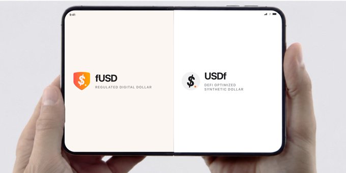A foldable smartphone displaying two competing stablecoin brands side-by-side: fUSD (Regulated Digital Dollar) on the left and USDf (DeFi Optimized Synthetic Dollar) on the right.