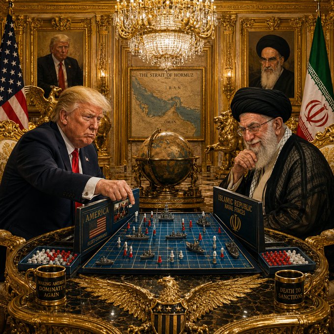 Donald Trump and Ayatollah Khamenei sit at a table playing a naval board game labeled "America Fleet Command" and "Islamic Republic Naval Forces," with a map of the Strait of Hormuz displayed on the wall behind them.