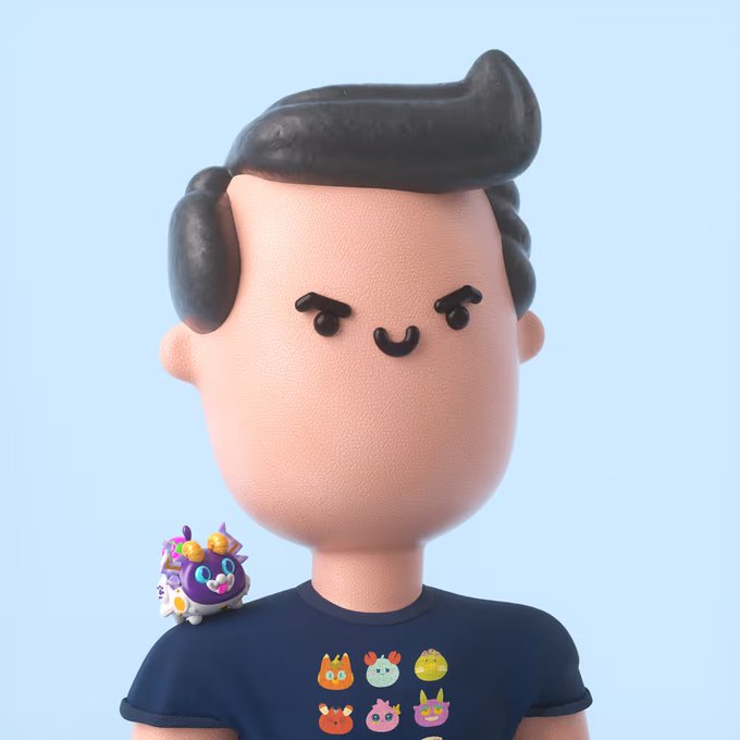 A 3D animated character with a confident smile and black pompadour hairstyle wears a navy t-shirt featuring colorful cartoon creatures, with a small purple and white creature perched on their shoulder against a light blue background. The image pairs with the post celebrating a long-held investment in $GVC, visually representing the creator's personal brand and community connection that complements the project's aesthetic-driven ethos.
