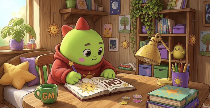 A cute green character in a red hoodie sits at a cozy desk writing in a notebook, with 'GM' visible on the notebook page and a coffee mug.
