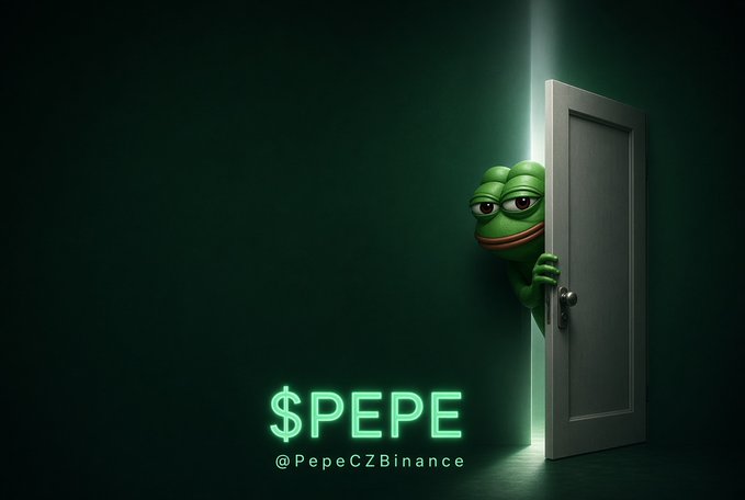 Pepe the Frog peeking through a partially open door, with the text '$PEPE' and '@PepeCZBinance' displayed below.