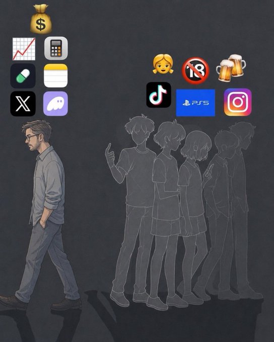Anime-style illustration depicting a man walking away from his shadow, which shows him surrounded by friends and surrounded by app icons (money, stocks, calculator, pills, X, Discord, TikTok, PS5, Instagram, beer, no symbol) representing social media and vices.
