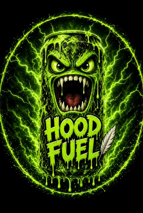 A neon green and black graphic featuring a monstrous, sharp-toothed face with the dripping text 'HOOD FUEL'.