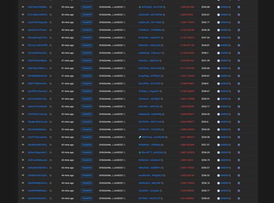 This image shows a list of blockchain transactions with "ANSEM" listed as the token, confirming the $ANSEM airdrop mentioned in the accompanying post. The list displays numerous transfers, with dollar amounts ranging from $243.88 to over $256, aligning with the post's claim of $100-$300 airdrops.