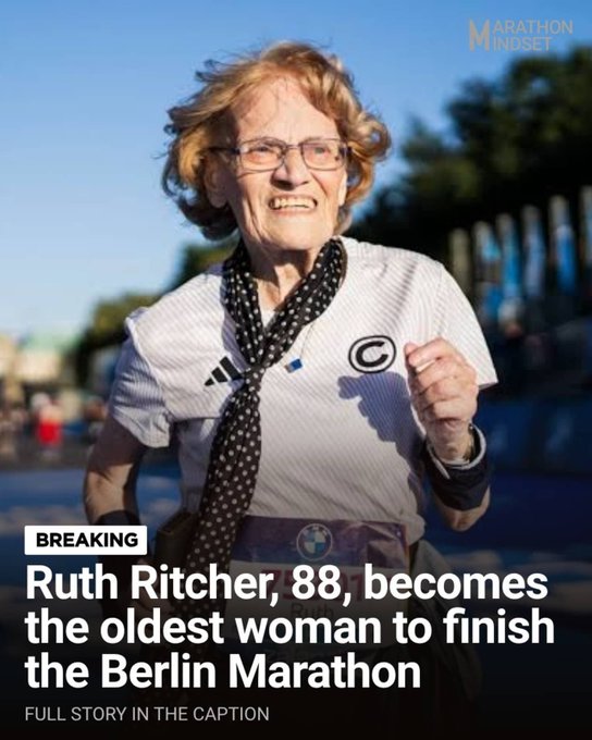 A news graphic features a smiling older woman in a Green Bay Packers jersey, with the caption "Ruth Ritcher, 88, becomes the oldest woman to finish the Berlin Marathon" and the "Marathon Mindset" logo.