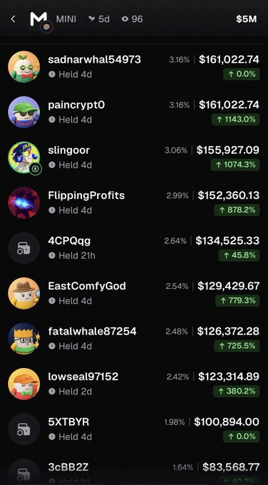 A leaderboard showing top MINI token holders who have held for 4 days, with portfolios ranging from $161,022.74 (sadnarwhal54973, paincrypt0) down to $83,568.77 (3cBBZ), all showing gains between 0.0% and 1074.3% despite the irony of substantial profits "no one cares" about.