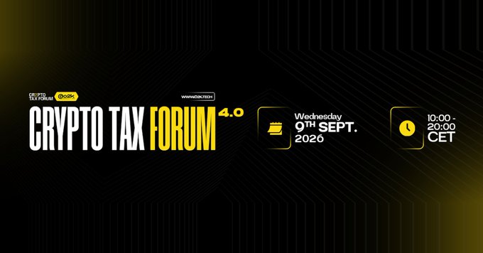 A promotional graphic for 'CRYPTO TAX FORUM 4.0' powered by 'CRYPTO TAX FORUM' and 'OKLink' announces an event on 'Wednesday 9TH SEPT. 2020' from '10:00 - 20:00 CET'.