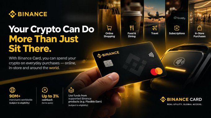 A Binance Card advertisement showcases a hand holding a black Mastercard featuring the Binance logo alongside category icons for Online Shopping, Food & Dining, Travel (Spotify), Subscriptions, and In-Store Purchases, with headline text "Your Crypto Can Do More Than Just Sit There" and features highlighting 90M+ merchants, up to 3% cashback, and Binance Earn fund compatibility—illustrating how the card enables real-world spending of cryptocurrency holdings.