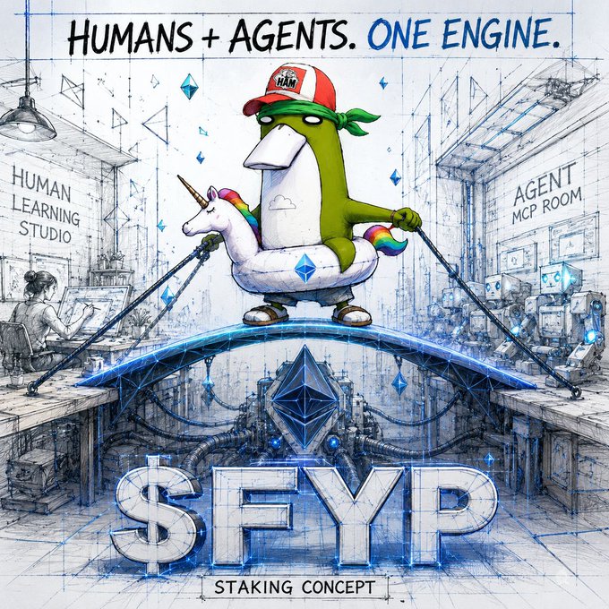 A promotional graphic titled 'HUMANS + AGENTS. ONE ENGINE.' featuring a sketched penguin-like character in a cap riding a unicorn floatie on top of the Ethereum $FYP staking concept logo.