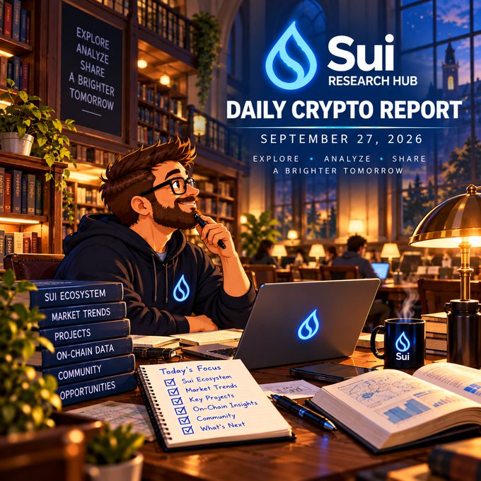 A 'Sui Research Hub Daily Crypto Report' dated September 27, 2026 features an illustration of a bearded man at a desk with a Sui-branded laptop, surrounded by books labeled with topics like 'Sui Ecosystem,' 'Market Trends,' and 'Community.'