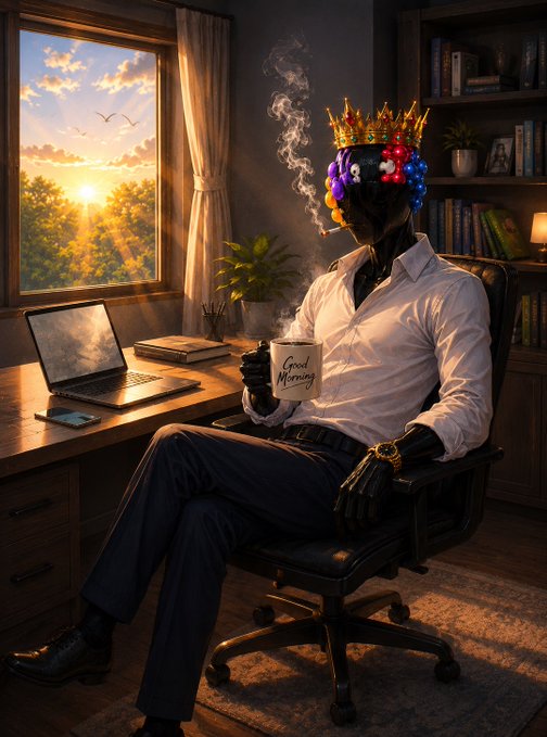 A black, shadowy figure wearing a colorful beaded crown and white shirt sits at a desk holding a 'Good Morning' mug, with steam rising from its head, set in a sunlit office with a laptop and bookshelf.