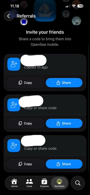 An OpenSea mobile app referrals screen displaying the heading 'Invite your friends' and 'Share a code to bring them into OpenSea mobile,' with three referral code slots offering 'Copy' and 'Share' buttons (codes redacted).