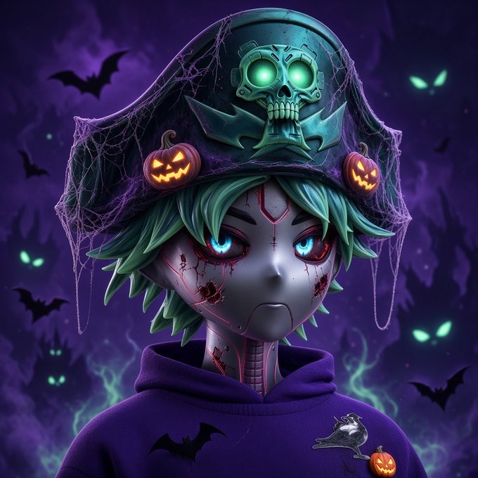A digital illustration of an anime-style zombie character with green hair, a pirate hat featuring a glowing skull, and a tattered purple outfit against a spooky purple background with bats.