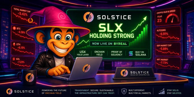 The image features a cartoon monkey sitting at a desk with a laptop computer open in front of him. The background shows a city skyline, suggesting an urban setting for the scene. The caption reads "While the market remains heavy, @solsticefi continues to hold its ground and gain Solana ecosystem relevance. The latest step is its launch on Byreal". This implies that despite the challenges posed by the current economic climate, the company's position in the cryptocurrency space has not been affected, and they are actively expanding their reach into new markets like Solana.
