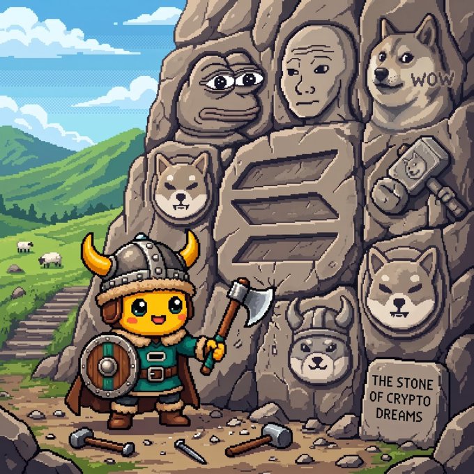 A cartoon Viking warrior stands before a large stone monument featuring carvings of various meme and crypto characters (including Pepe-style frogs and Doge faces), with a plaque reading "THE STONE OF CRYPTO DREAMS." The image playfully illustrates the post's "Carving Solana history $VIKING" theme, depicting the Viking character as a meme-crypto pioneer etching its legacy into the blockchain era alongside iconic internet mascots.