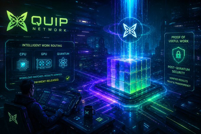 A futuristic cyberpunk-style promotional graphic for the 'QUIP NETWORK' featuring a person at a console, with panels highlighting 'INTELLIGENT WORK ROUTING' for CPU, GPU, and Quantum processors, and 'PROOF OF USEFUL WORK' with post-quantum security.