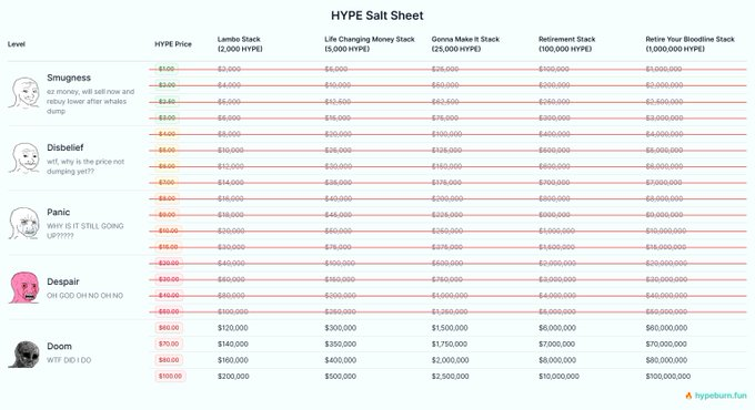 A HYPE Salt Sheet from hypefun.fun showing escalating levels of regret ("Smugness," "Disbelief," "Panic," "Despair," "Doom") with the HYPE price rising from $1 to $100, alongside losses across various strategies like Lambo Stack, Life Changing Money Stack, and Retire Your Bloodline Stack. The image humorously illustrates the regret of investors who sold their $HYPE airdrop tokens too early at $4 or shorted at $8, as the price continued climbing—matching the post's story about friends liquidating their shorts while the token kept pumping.