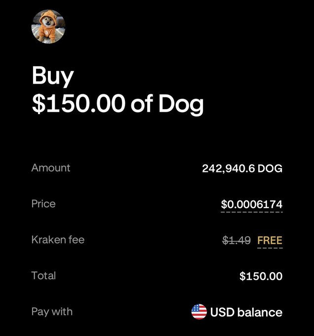 A cryptocurrency purchase confirmation screen from Kraken showing a buy order for $150.00 of Dogecoin (DOG), totaling 242,940.6 DOG at $0.0006174 each, with the Kraken fee waived.