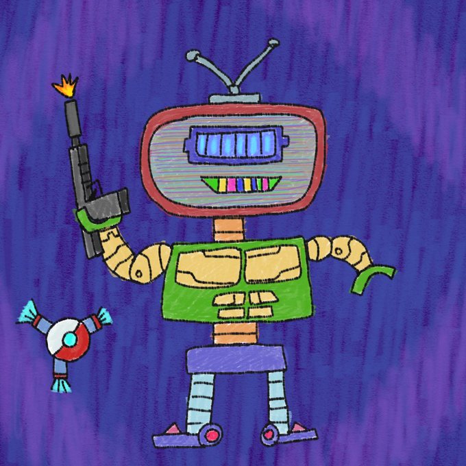 A colorful, hand-drawn robot with a TV-shaped head, antenna, and a gun stands against a vibrant purple background, accompanied by a small robotic creature on its left side.

The playful, energetic robot illustration matches the giveaway's fun, celebratory tone, with the robot holding up a gun as if firing off prizes and the small companion robot resembling a celebratory sidekick for the lucky winners.