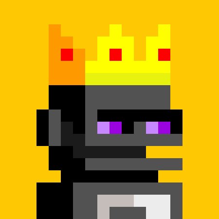 A pixel art character wearing a yellow and red crown with purple eyes, dressed in dark armor against a yellow background.