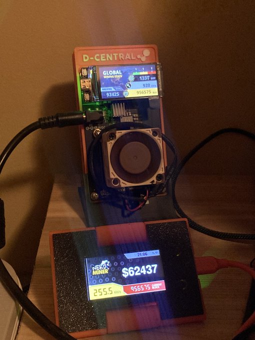 A homemade crypto mining rig labeled 'D-CENTRAL' with a Neo Geo Miner display showing a balance of $62.43 and a hashrate of 255.5.