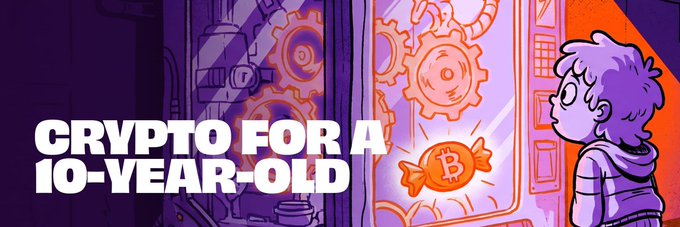 A graphic banner reading 'CRYPTO FOR A 10-YEAR-OLD' featuring an illustrated boy looking at a glowing Bitcoin coin surrounded by mechanical gears in purple and orange tones.