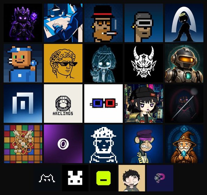 A collage of various pixel art and NFT-style characters, including ones labeled "ARC PUNKS" and "ARCLINGS," displayed alongside a post announcing Arc Mainnet Day with a mint list.