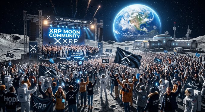 The image depicts a massive crowd of XRP supporters gathered on the moon's surface beneath a giant Earth, waving XRP flags and wearing branded attire around a stage labeled "XRP MOON COMMUNITY." The scene visually embodies the post's excitement about XRP reaching a 4-digit price, illustrating the fantasy of the XRP community celebrating a historic milestone together on the moon.