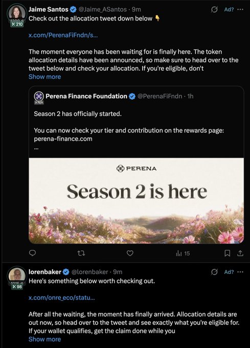 Twitter/X posts from Jaime Santos and Perena Finance Foundation announcing "Season 2 is here" with token allocation details and a floral "PERENA Season 2 is here" promotional image.