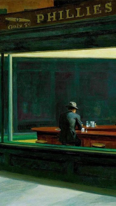 Edward Hopper's famous painting 'Nighthawks' showing a lone man in a fedora sitting at the counter of a diner at night.