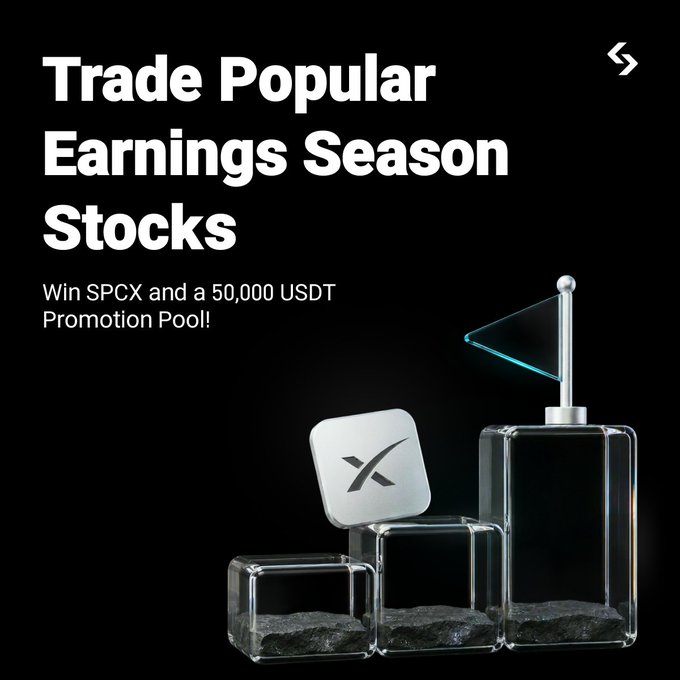 A promotional image with a black background featuring the text "Trade Popular Earnings Season Stocks" and "Win SPCX and a 50,000 USDT Promotion Pool!" alongside a 3D render of glass blocks topped with a silver SPCX coin and a small flag, advertising a BitGet trading contest where users can win SPCX tokens and up to 50,000 USDT in rewards.