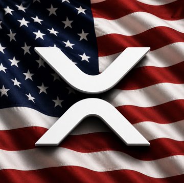 The image shows the XRP cryptocurrency logo (a stylized white "X" with angular, wing-like arms) displayed prominently over a draped American flag. This visual pairs with Senator Lummis's message by symbolizing America's role in leading digital asset innovation, with XRP representing the ongoing race for the future of finance.
