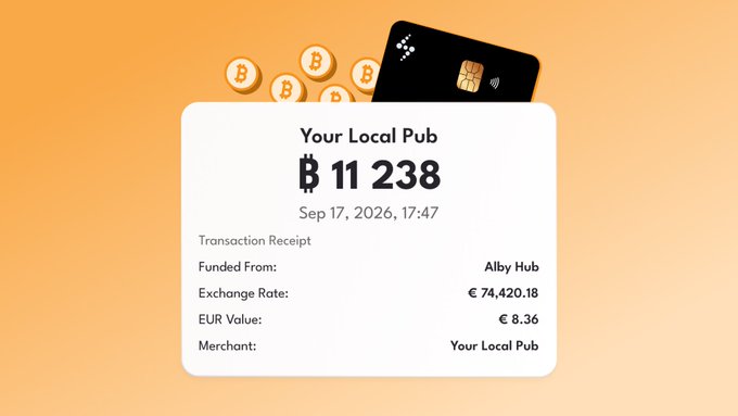 Transaction receipt graphic showing a ₿11,238 payment to 'Your Local Pub' funded from Aiby Hub on Sep 17, 2026, with a Bitcoin card and coins illustrated.
