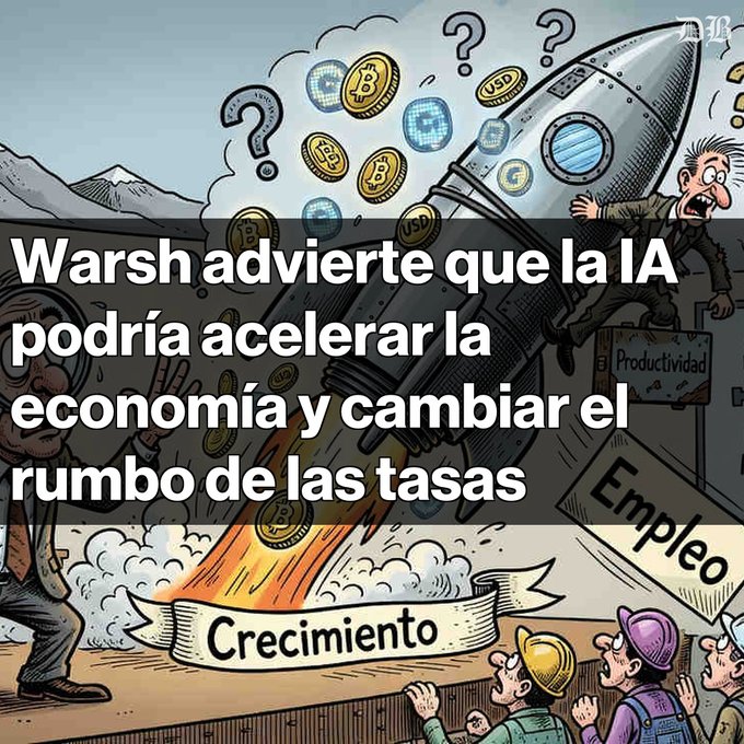 A cartoon illustration of a rocket launching with question marks and crypto coins above it, overlaid with Spanish text: 'Warsh advierte que la IA podría acelerar la economía y cambiar el rumbo de las tasas'.