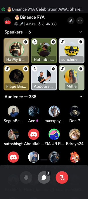 A Telegram group audio call interface for 'Binance 9YA Celebration AMA' showing 6 speakers (Ha My Bi..., HatimBin..., sunshine..., Filipe Bin..., Abdoura..., Millie) and 338 audience members.