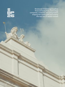 A brochure cover featuring an ornate white building against a blue sky with text 'Breakpoint 2026 brings together financial institutions, technology companies, investors and policymakers shaping the supercycle and building the next era of capital markets.'