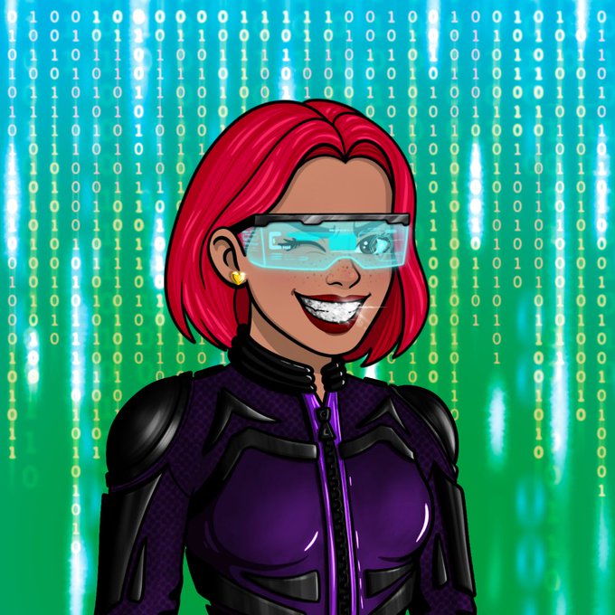 A cartoon-style digital illustration of a smiling woman with red hair, futuristic blue glasses, and a purple and black tech suit, set against a green background filled with cascading binary code.