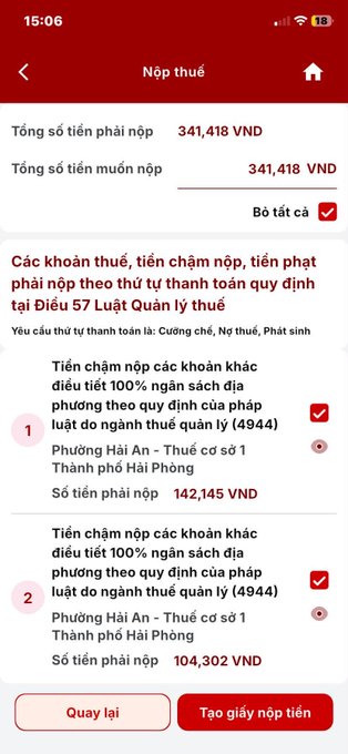 A Vietnamese tax payment app screenshot showing 'Nộp thuế' (Tax payment) with a total of 341,418 VND payable to Hải Phòng tax authority, with 'Tạo giấy nộp tiền' (Create payment document) button.
