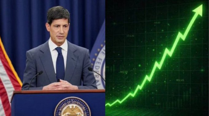 A man in a dark suit speaks at a podium bearing the seal of the Federal Reserve, paired with a green upward-trending stock chart on a digital grid background. The image aligns with the post's message of $2.1 billion in liquidity returning to U.S. markets, visually reinforcing the Federal Reserve's monetary role and the bullish market momentum implied by the rising chart, while no specific tickers, names, or numbers are clearly visible in the image itself.