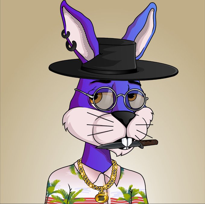 A digital illustration of a purple anthropomorphic rabbit character wearing a black wide-brimmed hat, round glasses, a gold chain necklace, a gold dollar-sign medallion, and a Hawaiian shirt, while holding a cigar in its mouth.