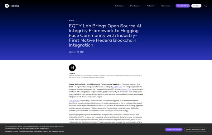 A Hedera blog post from January 18, 2024 announces that EQTY Lab's open-source AI Integrity Framework is being integrated into the Hugging Face platform, marking Hedera's first native blockchain integration, with text explaining how EQTY Lab uses Hedera's network to register AI model provenance through the Hedera Consensus Service for verifiable, auditable AI infrastructure.