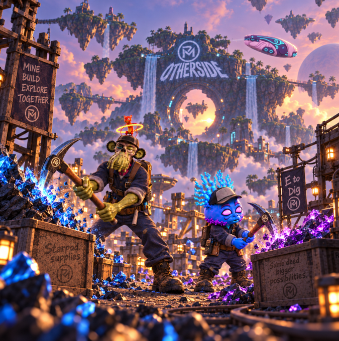 A vibrant, fantasy-style digital artwork for "OTHERSIDE" featuring two miner characters (one green-skinned with a pickaxe, one blue alien-like creature) harvesting glowing blue and purple crystals. Banners read "MINE BUILD EXPLORE TOGETHER", "Starpod supplies", "E to Dig", and "Same deed bigger possibilities."