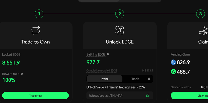 A three-step crypto interface showing 'Trade to Own' (Locked EDGE: 8,551.9), 'Unlock EDGE' (Settling EDGE: 977.7), and 'Claim' (Pending Claim with X Layer and other tokens).
