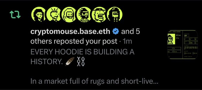 A social media repost from cryptomouse.base.eth shows pixel-art hoodies with the caption 'EVERY HOODIE IS BUILDING A HISTORY.'