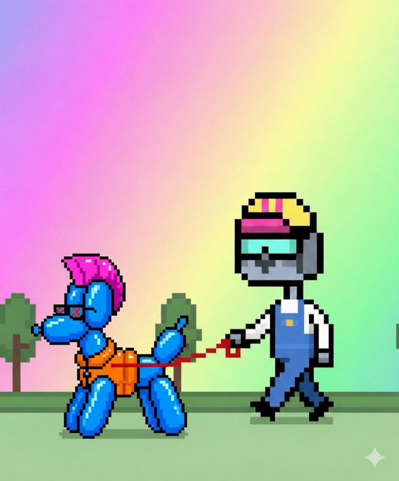 A pixel-art illustration shows a small blue balloon-like dog being walked on a red leash by a figure in blue overalls and a headset, set against a pastel gradient sky.