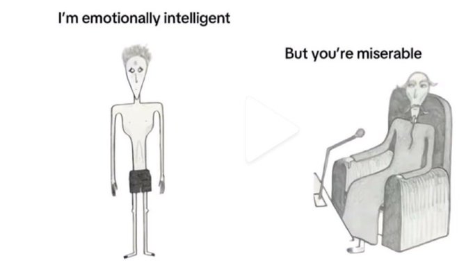 The image is a hand-drawn meme featuring two stick figures: on the left, a thin figure labeled "I'm emotionally intelligent," and on the right, a figure slumped in an armchair labeled "But you're miserable." The caption humorously contrasts the boast of emotional intelligence with the reality of misery. The post references "gm friends of Raviel" and "$50 winners," suggesting a giveaway, but the meme's text doesn't directly relate to the giveaway content.