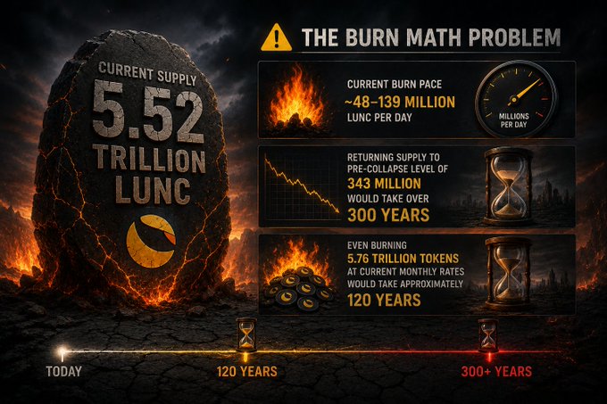 The infographic titled "The Burn Math Problem" illustrates Terra Luna Classic's ($LUNC) supply crisis, showing that at the current burn rate of 48–139 million tokens per day, returning to the pre-collapse level of 343 million would take over 300 years—highlighting the urgent need for the proposed 70-80% immediate burn solution.