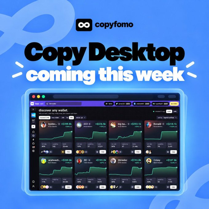 A blue promotional graphic for Copyfomo announces “Copy Desktop coming this week,” featuring a mock desktop dashboard for discovering crypto wallets.